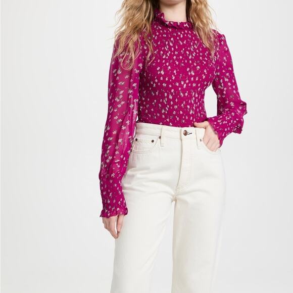 Rag & Bone Kayden Floral Blouse Long Sleeve Smocked‎ Ruffle Pink Size Medium - Picture 3 of 10